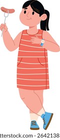 A young girl in a striped dress holds a sausage on a stick, drawn in a playful cartoon style. A child with a ponytail and watch stands casually with a skewer. Cartoon vector illustration.