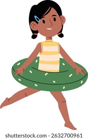 A young girl with a striped swimsuit and a swim ring in a playful pose. The child is depicted with short hair and a cheerful expression. Cartoon vector illustration.
