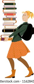 Young girl student carrying a tall pile of books, EPS 8 vector illustration
