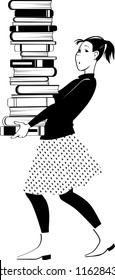 Young girl student carrying a tall pile of books, EPS 8 vector illustration, no white objects