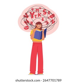 Young girl student cartoon character having troubles with reading due to word recognition and processing information difficulties. Problem of dyslexia and dysgraphia neuropathology vector illustration