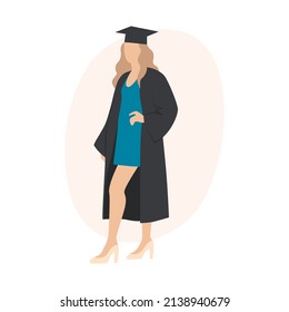 A young girl student, graduate in an academic robe and academic cap. minimalist silhouette. Flat vector illustration isolated on white background