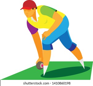 A Young Girl Student Is A Player In A Vintage English  Game Of Lawn Bowls On The Grass Area