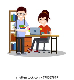 Young girl student sitting on a chair at a Desk with a computer and books. Nerd guy with glasses in blue dress with a stack of textbooks in his hands - Cartoon flat illustration