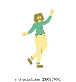 Young girl, student or teenager waving happily. Cheerful woman, good-natured person. Greeting or introduction. Colorful vector isolated illustration hand drawn