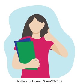 Young girl student with textbooks in hand, thumbs up, faceless illustration, flat style, isolate on white