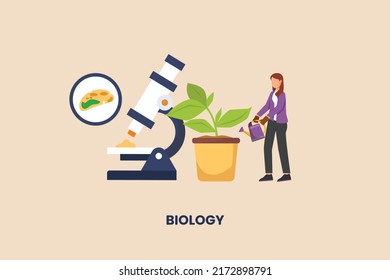 Young Girl student watering the potted plants. Microscope icon. Subjects concept in school and university. Flat vector illustration isolated.