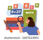 A young girl studies math using books, a magnifying glass, and a pencil surrounded by colorful numbers and symbols on a white background. Concept of education. Vector illustration