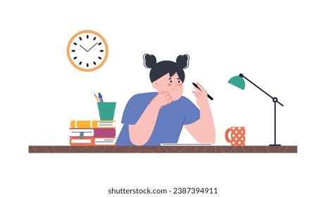 Young girl studying at evening and sadness. Student sitting at desk with books and notebook and hold pen. Education or creativity, vector scene