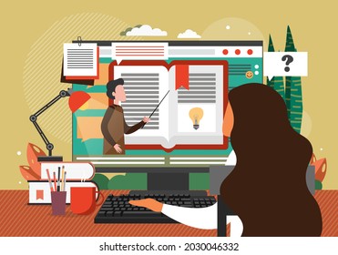 Young girl studying remotely from home, office, flat vector illustration. Online education, distance learning, webinar.