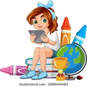 Young girl studying with tablet and school supplies