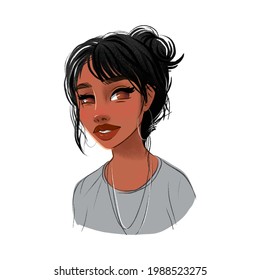 A young girl in the style of a cartoon. Stylish girl. Tanned skin. 