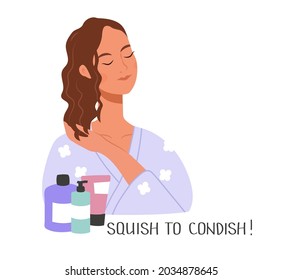Young girl styles her wet curly hairs with products with lettering phrase Squish to condish! Curly girl method (CGM) concept. Curly hair care process step. Vector illustration