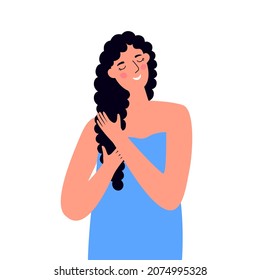 A young girl is styling her wet curly hair. The concept of the curly girl method CGM. The stage of the curly hair care process. Love of wavy hair.Vector illustration isolated on a white background.