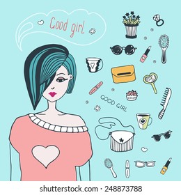 Young girl stylishly dressed. Fashion vector illustration. Hand draw