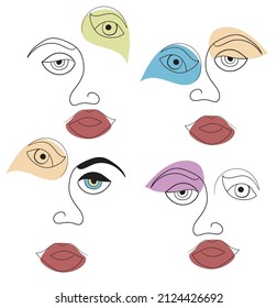Young girl stylized one line woman face portrait, modern contemporary minimalist art abstract character. Vector illustration set collection.