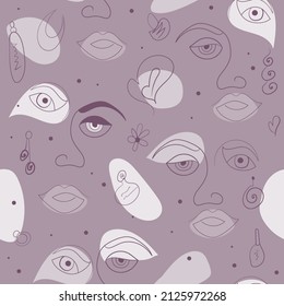 Young girl stylized one line woman face portrait, modern contemporary minimalist art abstract character. Vector illustration. Fashion concept, make up, beauty salon, accessories. Seamless pattern.