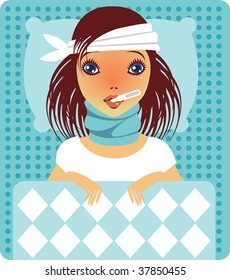 Young girl, suffering from quinsy, or flu or any other virus cold.