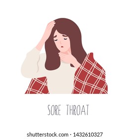 Young girl suffering from sore throat. Symptom of influenza, viral infectious disease for medical diagnostics. Sick unhappy woman isolated on white background. Flat cartoon vector illustration.