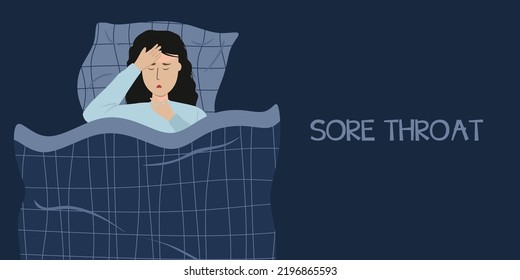 Young Girl Suffering From Sore Throat On Bed. Symptom Of Influenza, Viral Infectious Disease For Medical Diagnostics. Sick Unhappy Woman, In Bed With Hands Holding Throat And Head. Colored Flat Cartoo