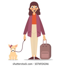Young girl with suitcase and dog