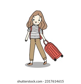 Young girl with suitcase go to travel, hand drawn style vector illustration