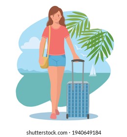 Young girl with a suitcase goes on a trip to the sea. Travel and leisure concept.