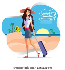 Young girl with a suitcase in a hat travels around the world, the sea, the sun and the beach. Leaflet travel agency.Travel vacation concept