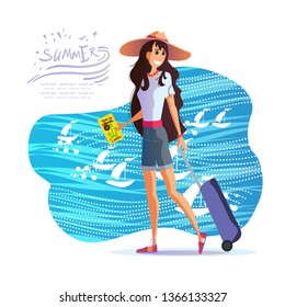 Young girl with a suitcase in a hat travels around the world, the sea, the sun and the beach. Leaflet travel agency.Travel vacation concept