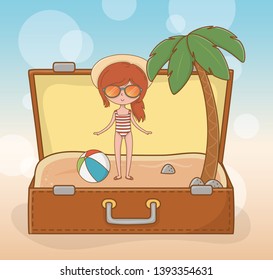 young girl in suitcase on the beach scene