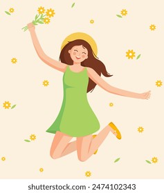 Young girl in summer short dress. Vector illustration of human jumping with bent legs. Woman with bouquet of flowers in hand. Emotions of joy and happiness.