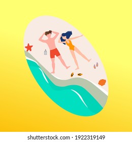 Young and young girl sunbathing on the beach flat design illustration