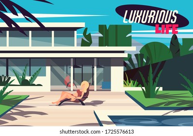 A young girl is sunbathing on a sunbed in a modern house with a swimming pool. Illustration of a luxurious and rich life.