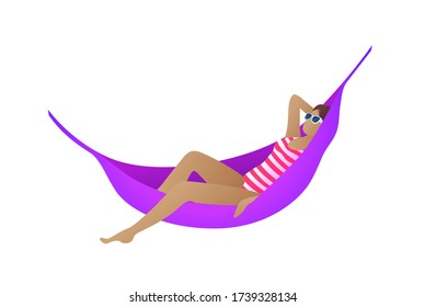 Young girl sunbathing in purple hammock icon. Beautiful woman in red swimwear and sunglasses sign isolated on white background. Summertime beach vacation, traveling and sea resort vector illustration.
