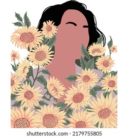 Young girl with sunflowers.. Abstract Woman with Sunflower, Cute Girl Illustration Art Print, Minimalist Girl, Minimalist Art, Illustration, vector illustration of beautiful dark skin girl.