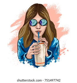 Young girl in sunglasses. Holds paper cup for coffee. Girl drinking through a straw. Closeup portrait of. Hand drawn sketch. Vector illustration.