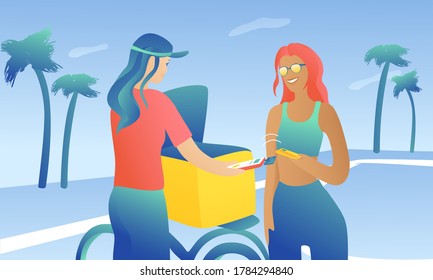 A young girl in sunglasses on the playground pays for delivery by credit card. Woman courier on bike accepts payment by phone with card reader.