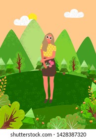 Young girl in sunglasses walking in forest among green trees, bushes and flowers. Pretty woman with bouquet of tulips on meadow with blooming plants