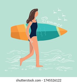 Young girl with a surfboard. Vector modern flat design concept for best summer beach vacation water sports and activities.