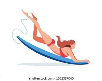 Young girl surfer riding a surfboard. Summer sport activity leisure and surfing lessons cartoon poster vector illustration