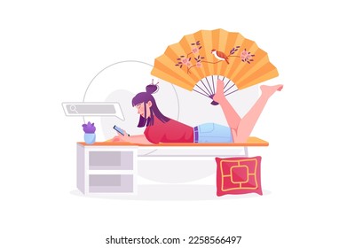 Young girl surfing internet concept with people scene. Woman scrolls news feed, views profiles in social networks using mobile phone. Vector illustration with character in modern flat design for web