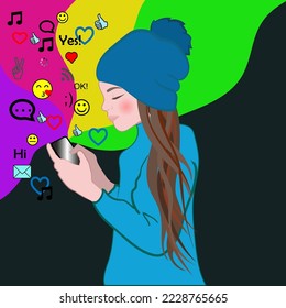 Young girl surfing the Internet using a smart phone. Online search, communication and social network. Cartoon vector illustration.