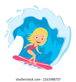 Young Girl Surfing On Wave Illustration Stock Vector (Royalty Free ...