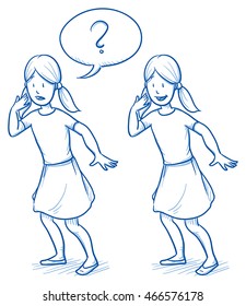 Young girl in surprised position in two emotions with speech bubble. Hand drawn cartoon doodle vector illustration.