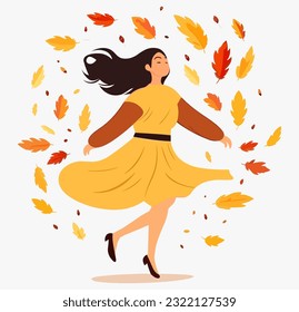 Young girl surrounded by autumn leaves. Autumn vector background