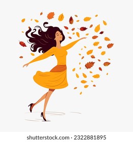 Young girl surrounded by autumn leaves. Autumn vector background