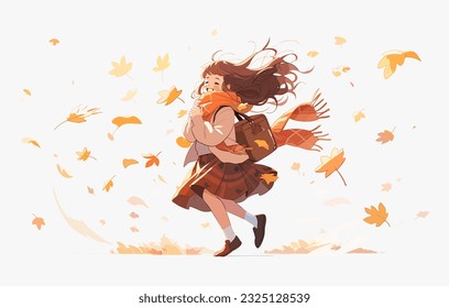 Young girl surrounded by autumn leaves. Autumn vector background