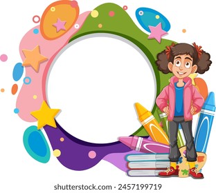 Young girl surrounded by colorful art elements