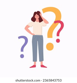 Young girl surrounded by a question mark. Vector illustration, Young woman doubts and questions everything.
