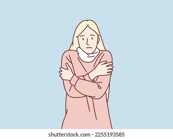 Young Girl in sweater and scarf shivering from cold feel sick simple korean style illustration